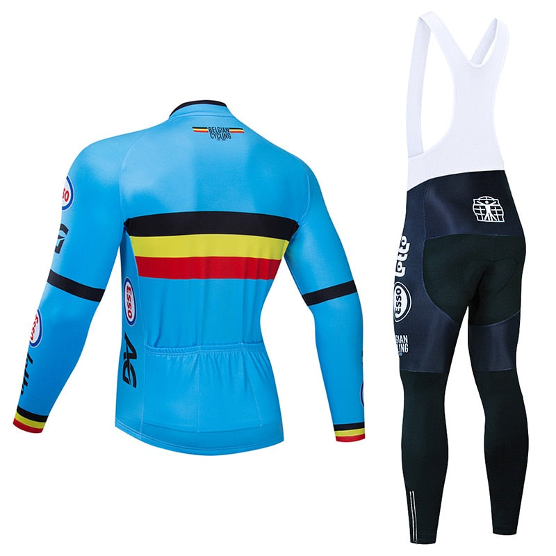 Spring/Autumn Belgium Cycling Jersey 9D Bib Set MTB Uniform Bike Clothing Quick Dry Bicycle Clothes Men‘s Long Cycling Wear