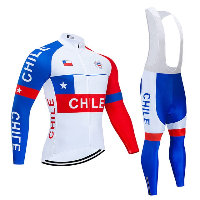 Spring/Autumn Team Chile Cycling Jersey Bib Set MTB Uniform Bike Clothing Quick Dry Bicycle Clothes Men‘s Long Cycling Wear