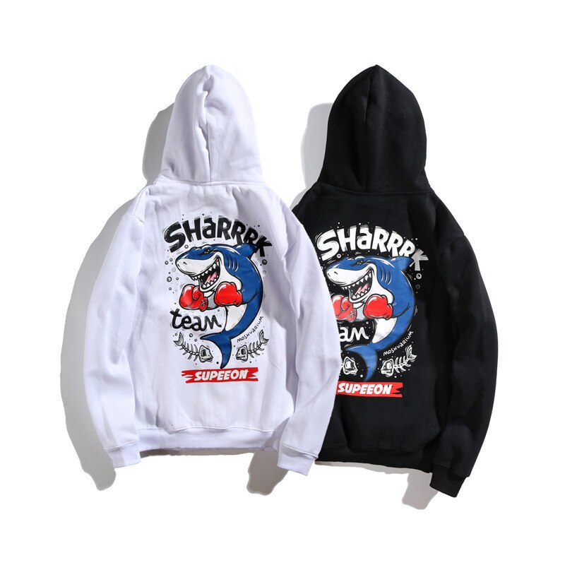 Funny Anime Shark Printed Hooded Sweatshirts Mens Streetwear Fleece Hoodies Autumn Casual Clothing