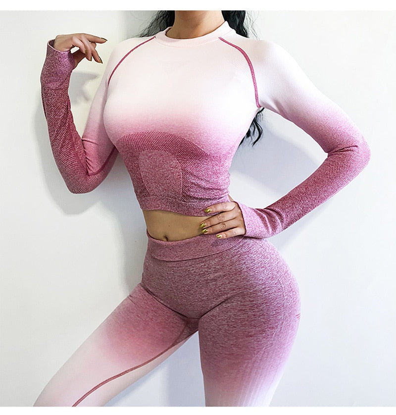 Women Yoga Set Gym Clothing Ombre Seamless Gradient Leggings+Long sleeve Top Workout Sport Suit Women Fitness Set Active Wear