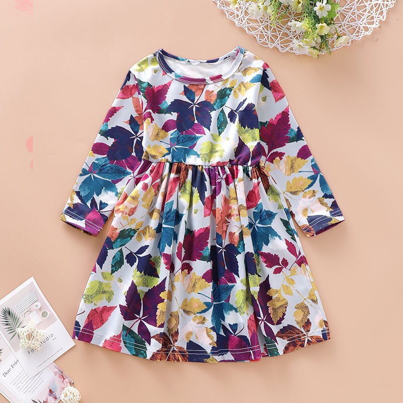 Girls Dress Long Sleeve Maple Leaf Prints Casual Kids Spring Fall Clothing Arrivals A-line Cotton Children Dress